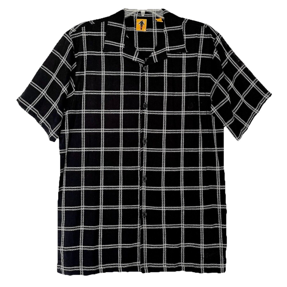 Steve Harvey Button Up Shirt Mens Size L Black Linen White Chain Link Windowpane